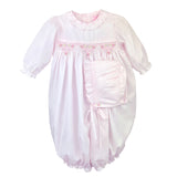 Petit Ami Baby Girls Smocked Hand Embroidered Convertible Gown to Romper & Bonnet in Newborn