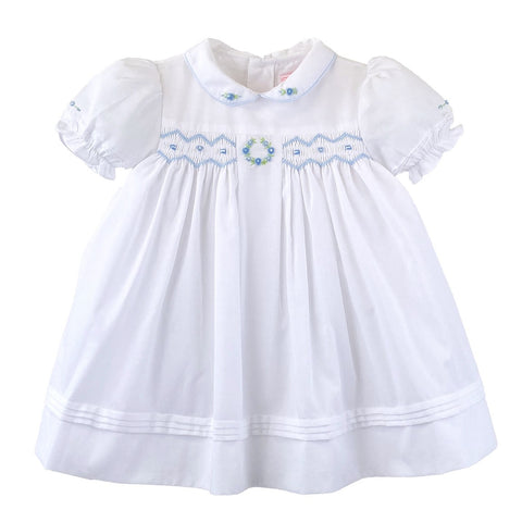 Petit Ami White & Blue Girls Smocked Dress with Bonnet & Bloomers Size Newborn 3 6 9 Months