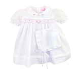 Petit Ami White & Pink Girls Smocked Dress with Bonnet & Bloomers Size Newborn 3 6 9 Months