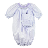 Petit Ami Girls Lavender Purple Bishop Smocked Convertible Gown to Long Sleeve Romper & Bonnet Newborn