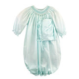 Petit Ami Girls Mint Green Bishop Smocked Convertible Gown to Long Sleeve Romper & Bonnet Newborn