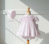 Petit Ami Pink Smocked Lace Dress Bloomers & Bonnet Baby Girls Newborn 3 6 9 Months