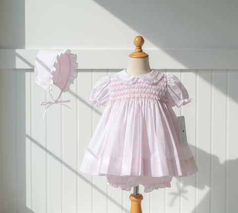 Petit Ami Pink Smocked Lace Dress Bloomers & Bonnet Baby Girls Newborn 3 6 9 Months