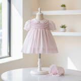 Petit Ami Pink Smocked Lace Dress Bloomers & Bonnet Baby Girls Newborn 3 6 9 Months