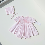 Petit Ami Pink Smocked Lace Dress Bloomers & Bonnet Baby Girls Newborn 3 6 9 Months