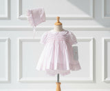 Petit Ami Pink Smocked Lace Dress Bloomers & Bonnet Baby Girls Newborn 3 6 9 Months