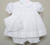 Petit Ami Girls White Smocked Bodice with Lace 3 piece Dress Newborn Preemie