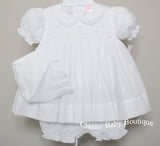 Petit Ami Girls White Smocked Bodice with Lace 3 piece Dress Newborn Preemie