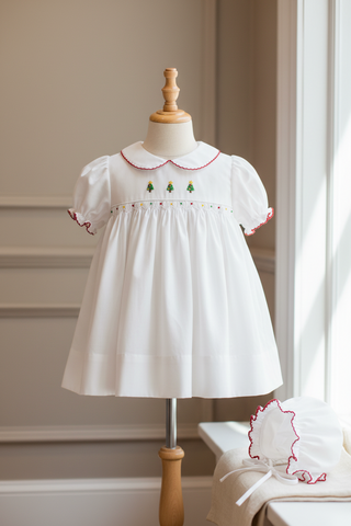 Petit Ami Girls White & Red Smocked Christmas Tree 3 piece Dress Newborn