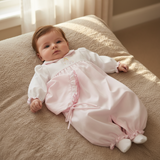 Petit Ami Baby Girls Classic Giraffe Convertible Gown to Long Sleeve Romper & Bonnet in Preemie & Newborn