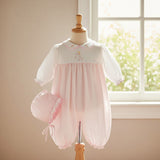 Petit Ami Baby Girls Classic Giraffe Convertible Gown to Long Sleeve Romper & Bonnet in Preemie & Newborn