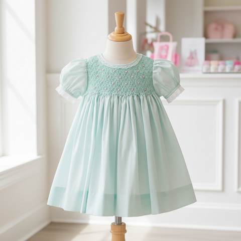 Petit Ami Mint Smocked Bodice with Lace Dress 3 6 9 Months Baby Girls