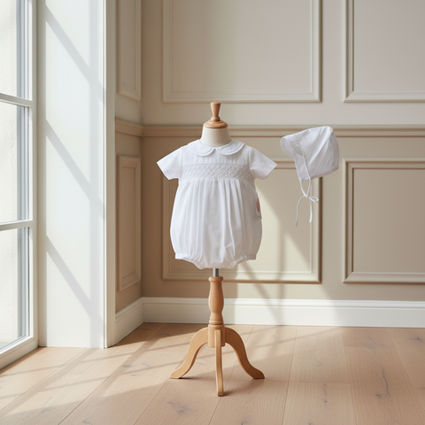 Petit Ami Boys White Smocked Romper & Hat Christening Baptism Newborn 3 6 9 Months