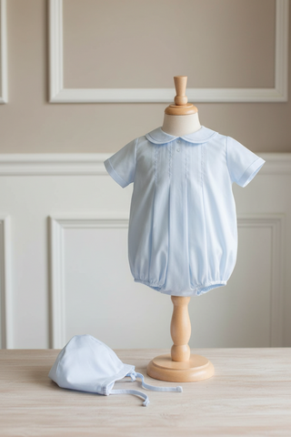 Petit Ami Boys Blue Classic Feather Stitched Romper with Hat in Preemie, Newborn, 3, 6, 9 Months