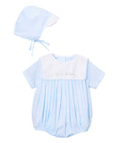 Petit Ami Boys Blue Train Romper Bubble Hat Newborn 3, 6, 9 Months