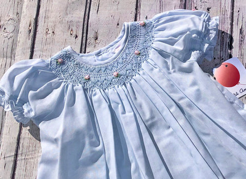 Petit Ami Girls Blue Bishop with Pearls Smocked Dress 3 6 9 12 18