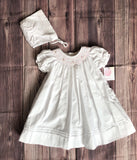 Petit Ami Girls White Pink Bishop Smocked Daygown Dress with Bonnet Newborn