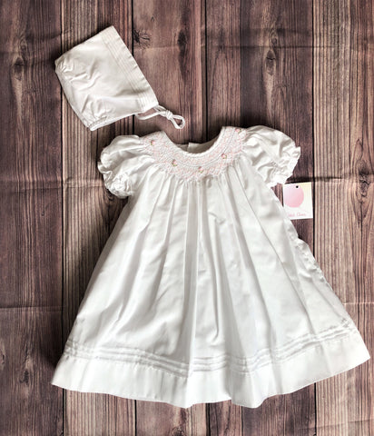 Petit Ami Girls White Pink Bishop Smocked Daygown Dress with Bonnet Newborn