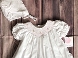 Petit Ami Girls White Pink Bishop Smocked Daygown Dress with Bonnet Newborn