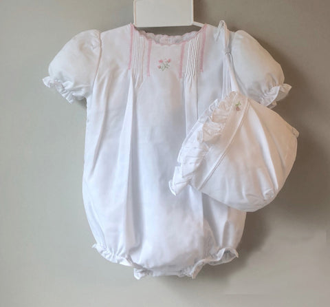 Petit Ami Girls White Classic Pintuck Bubble Romper & Bonnet Newborn