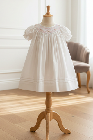Petit Ami Baby Girls White & Pink Pearl Bishop Smocked Dress 3 6 9 12 18 24
