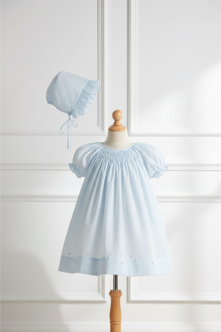 Petit Ami Girls Blue Smocked Daygown Bishop Dress & Bonnet Newborn
