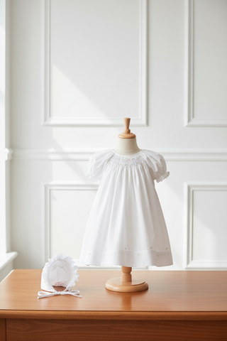 Petit Ami Girls White Multi Smocked 2 Piece Bishop Daygown Newborn