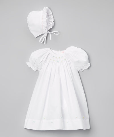 Petit Ami Girls White Multi Smocked 2 Piece Bishop Daygown Newborn