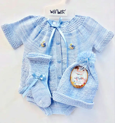 Will'beth Boys Blue Knit Sailboat 4pc Diaper Set with Hat & Booties Preemie Newborn