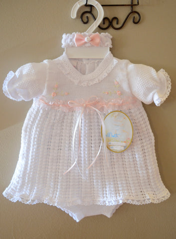 Will'beth White Pink Knit Girls Dress 3pc Set Preemie Newborn Headband & Bloomers