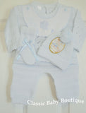 Will'beth Baby Boys Blue Knit Pom Pom 4pc Coming Home Set Preemie & Newborn