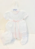 Will'beth White Pink Flower Knit 3p Romper Preemie or  Newborn Baby Girls with Bonnet & Booties