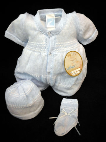 Will'beth Baby Boys Blue Knit 3pc Button Romper Bubble with Hat & Booties Preemie, Newborn, 3 Months