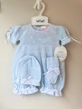 Will'beth Blue Knit Ribbon 3pc Bubble Romper Set Baby Girls Newborn & Preemie