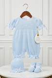 Will'beth Blue Knit Ribbon 3pc Bubble Romper Set Baby Girls Newborn & Preemie