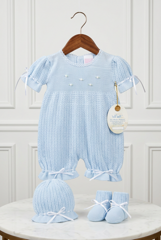 Will'beth Blue Knit Ribbon 3pc Bubble Romper Set Baby Girls Newborn & Preemie