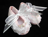 Will'beth Pink Heirloom Lace & Sequins Baby Booties Crib Shoes Size 0 Girls Newborn