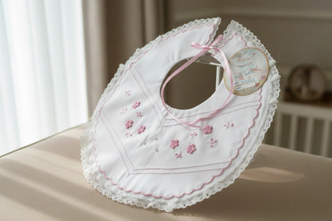 Will'beth Lace Heirloom Embroidered White Pink Keepsake Baby Girls Bib Newborn 3 6 Months