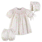 Carriage Boutique Girls Floral Smocked Bishop 3pc Dress Newborn with bloomers