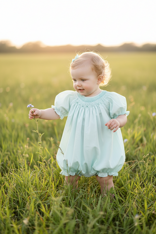 Petit Ami Girls Mint Green Smocked Hand Embroidered Classic Bubble Romper 3 6 9 Months