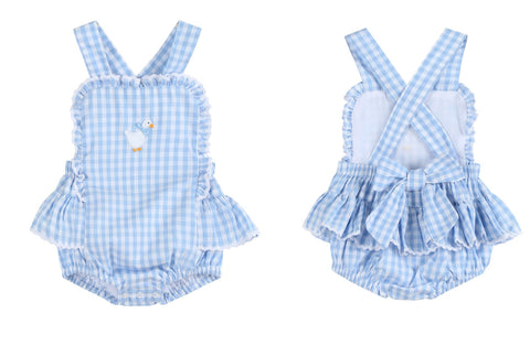 Lil Cactus Girls Blue Gingham Mother Goose Ruffle Bubble Romper 3 6 9 12 Months
