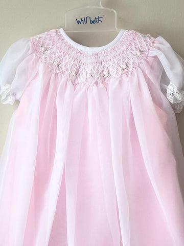 Will'beth Baby Girls White Sheer Overlay Rose Smocked Bishop Dress wit Classic Baby Boutique Will'beth Baby Girls White Sheer Overlay Rose Smocked Bishop Dress wit Classic Baby Boutique