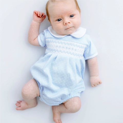 Magnolia Baby Luca's Classics Boys Blue Dot Smocked Romper Bubble Newborn 3 6 9 Months