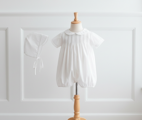 Petit Ami Boys White Classic Pintuck & Feather Stitched Jon Jon with Hat Size Newborn 3 6 9 Months