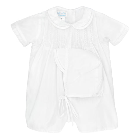 Petit Ami Boys White Classic Pintuck & Feather Stitched Jon Jon with Hat Size Newborn 3 6 9 Months