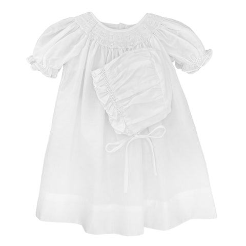 Petit Ami Girls White Bishop Smocked 2pc Baby Dress Daygown Christening Preemie Newborn