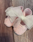 Will'beth Pink Pearls & Organza Ribbon Baby Booties Crib Shoes Size 0 Girls Newborn