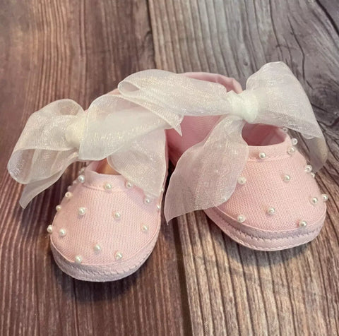 Will beth Pink Pearls Organza Ribbon Baby Booties Crib Shoes Size 0 Classic Baby Boutique