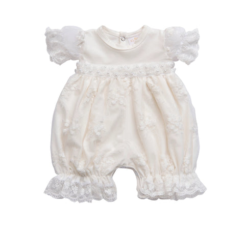 Haute Baby Girls Ivory White Pearls &  Lace Layette Romper Bubble Newborn