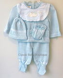 Boys Blue All Cotton Teddy Bear 4pc Knit Pant Set with Hat Newborn